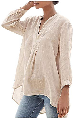 Leinen Bluse Damen Sommer Langarm V-Ausschnitt Grosse Grössen Leinentunika Leinenoberteile Leinenbluse Einfarbig Tshirt Loose Elegant Oberteile Pullover T-Shirts Tops, Beige, XXL