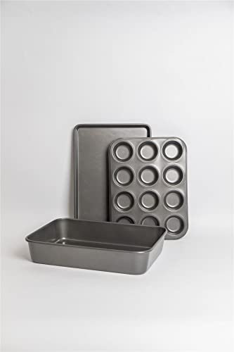 MasterClass Set of Non-Stick Large Roasting Pan, 39x28x7cm, Baking Tray 39x27x2cm, Twelve Hole Deep Baking Pan 35x27cm