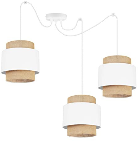 Light-Home Boho Hängelampe - Rattan Lampe - Deckenlampe für Wohnzimmer Schlafzimmer und Esszimmer - Pendelleuchte aus Metall mit Lampenschirm aus Stoff - E27-3-Flammig - Weiß und Jute