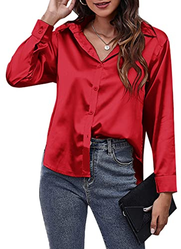 Panegy Satin Tops for Women V Neck Blouses Front Button Lapel Shirts Silk Like Shirts for Ladies Long Sleeve Shirt for Office Work Business Evening Party Red L