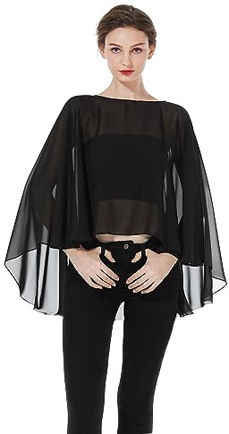 BEAUTELICATE Stola Coprispalle Elegante Chiffon Donna Scialle Mantellina Poncho Chiffon Estiva per Cerimonia Sposa Damigella Matrimonio Festa (Nera)