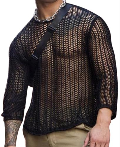 AIEOE Haut Résille pour Hommes Chemise Respirante à Manches Longues Haut Clubwear Maille Noir 04 Taille EU M/Taille Label L