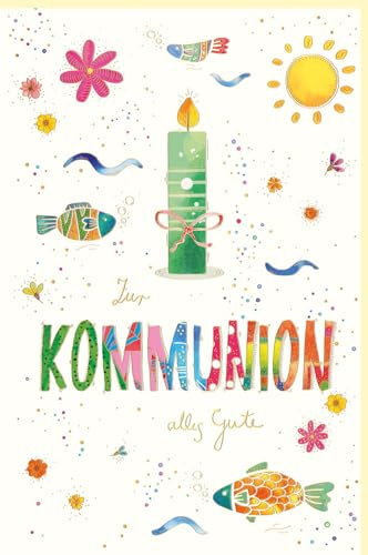 Kommunion Glückwunschkarte - Kerze & Fisch auf Naturkarton, Sonnendesign für Kinderfeier - mit Umschlag