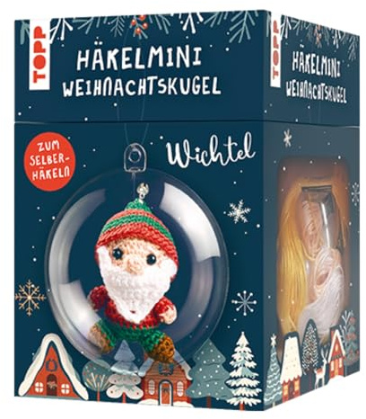 Häkelmini-Weihnachtskugel Häkelset Wichtel: Anleitung, Garn (100 % Baumwolle) in 5 Farben, Häkelnadel (1,5 mm), Kunststoffkugel (7 cm), Füllwatte, Perlen, Glöckchen