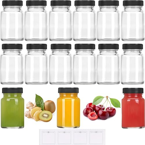 JORTINE 15 stycken 60 ml skottflaskor för fyllning, små glasflaskor med lock och etiketter, miniglasflaskor, ingefäraburkar burkar, återanvändbara breda munstycken shotburkar för juice, smoothie
