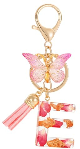 MWOOT Letter Keychains Initiale Porte Clef Lettre E,Alphabet Initial Keyring avec Papillon Pendentif,Rose Pétales Feuille D'or Key Ring pour Femmes Filles Portefeuilles Sac à Main Charme(E)