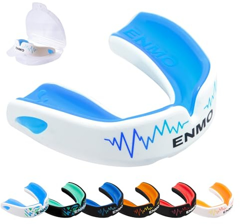 Enmo Maxilla Pro Mundschutz für Erwachsene und Kinder 10+ - Zahnschutz für Boxen, Football, Hockey und Kampfsport mit Etui Zubehör – Atmungskanal-Technologie, Dreifach-Schicht – Weiß/Blau