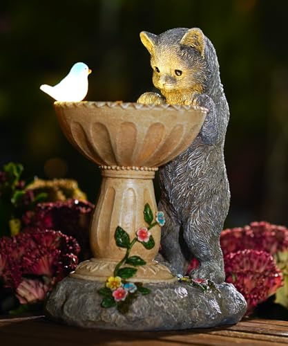 Goodeco Solar Cat Garden Statue with Glowing Bird, Outdoor Ornaments
