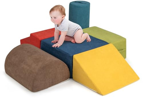 COSTWAY Juego de 6 Bloques de Espuma para Niños, Bloques de Escalada para Niños de 12-36 Meses, Estructura de Juego Suave de Interior con Tejido de Chenilla, Espuma de Alta Densidad (Multicolor)