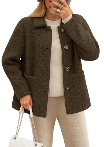 YUCOLEN Womens Fleece Jacket Button Down Sherpa Jacket Long Sleeve Teddy Coat Winter Warm Coat Fuzzy Outerwear with Pockets Brown M