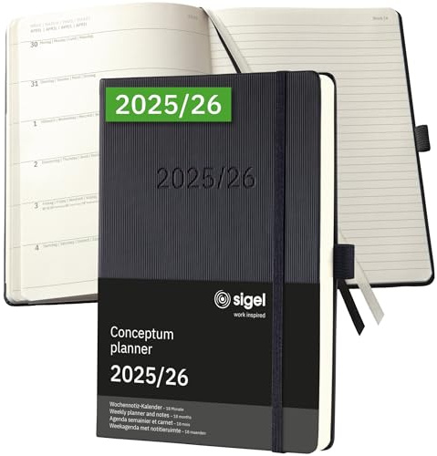 SIGEL C2603 Agenda semainier 2025/2026 A5, noir, couverture rigide, 256 pages, bande élastique, boucle pour stylo, poche d'archives, papier durable, calendrier 18 mois, calendrier conceptum