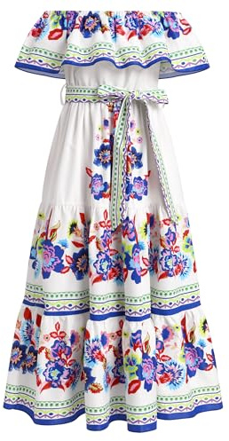 EFOGEP Robe mexicaine d'été bohème à épaules dénudées pour fille - Style traditionnel Cinco de Mayo - Pour fête folklorique - Bohème - Décontractée - Avec ceinture, blanc et bleu, 9 ans