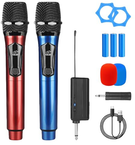 BORDEAG Micrófono Inalámbrico,2 Piezas Microfonos Inalambricos con Receptor Recargable,Microfono Karaoke,Karaoke Dual Microfono para Karaoke,Boda,Reuniones,Fiestas,Iglesia