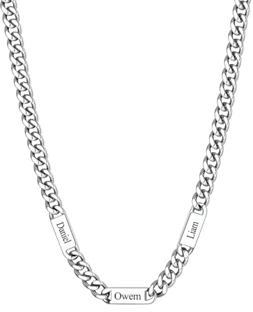 Custom4U Cadena Cubana Personalizada Para Hombre, Cadena de Plata de 7 mm con 3 Nombres Grabados, 45 cm + 5 cm, Acero Inoxidable (con Caja de Regalo)