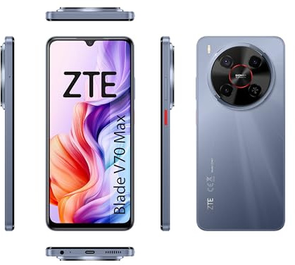 ZTE Blade V70 MAX, Smartphone Libre, 4GB+256GB, Pantalla HD+ 6,9 120Hz, Cámara 50MP con IA, Batería 5000mAh, Carga Rápida 18W, Android 15, Incluye Funda y Protector, Gris