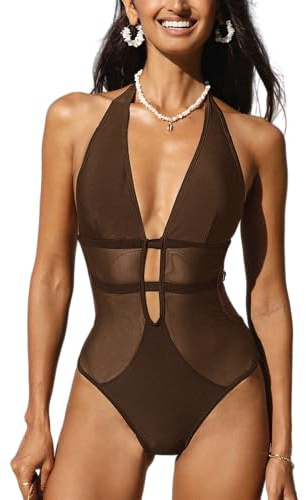 CUPSHE Traje de baño de una pieza para mujer con cuello en V profundo, espalda halter con cordones, bañador de malla, Marrón, Large