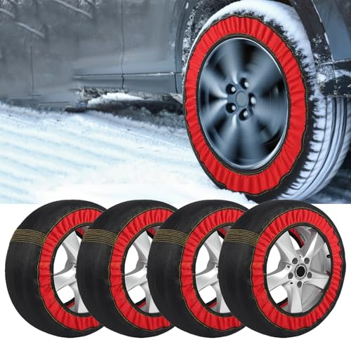 Calcetines de nieve para neumáticos de coche, tela gruesa, cadena de nieve, antideslizante, cubierta de rueda de tracción de invierno con guantes y funda de transporte para coches, SUV, camiones (4)