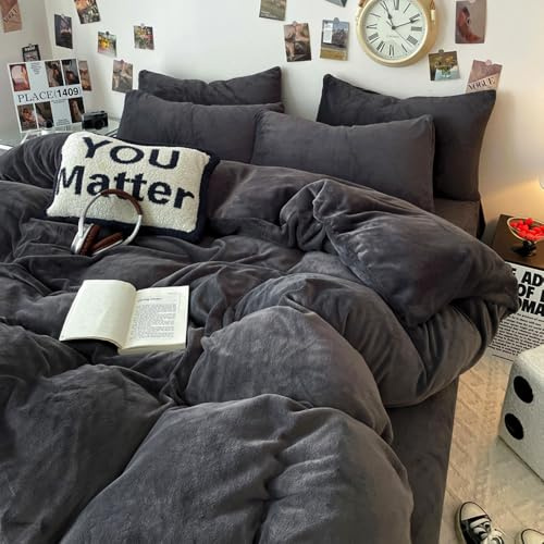 Covebett Biancheria da letto invernale in flanella, 135 x 200 cm, 4 pezzi, grigio scuro, caldo, soffice, in microfibra, con chiusura lampo e federe, 80 x 80 cm