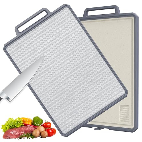 ROTTOGOON Chopping Board Stainless Steel Double-Sided Plastic Chopping Board for Kitchen 40 cm x 27 cm Large Kitchen Board with Juice Grovee Practical Handle and Floor Bracket