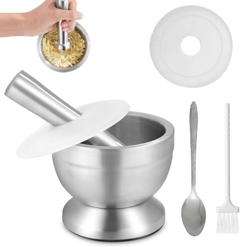 304 murbruk i rostfritt stål med mortel, 250 ml mortel och mortelstöt set, 10 cm hushållskamult och mortelskål med rengöringsborste, hushållsmörter och stötar, med PE-lock och silikonlock, för