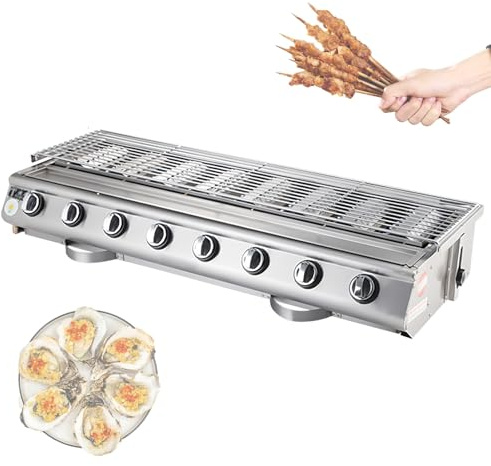 Parrilla de barbacoa de gas, 8 quemadores, parrilla de acero inoxidable para exteriores con altura ajustable, parrilla portátil con bandeja de captura de aceite para fiestas, camping y picnic