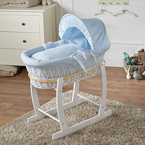 For Your Little One FYLO Blue Waffle White Wicker Moses Basket with White Rocking Stand