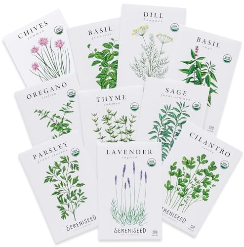 Sereniseed Certified Organic Herb Seeds (10-Pack) – Non GMO, Heirloom – Seed Starting Video - Basil, Cilantro, Oregano, Thyme, Parsley, Lavender, Chives, Sage, Dill Seeds for Indoor & Outdoor Planting