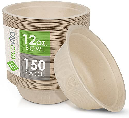 Ecovita 100% Compostable Paper Bowls [12 oz.] – 150 Disposable Bowls Eco Friendly Sturdy Tree Free Liquid and Heat Resistant Alternative to Plastic or Paper Bowls