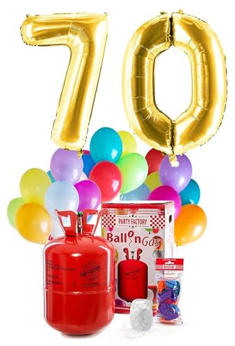 Party Factory `Happy 70´ Helium Komplett-Set, 2 goldene XXL Zahlenballons, 30 bunte Latexballons, 400l Ballongas und 40m Ballonschnur