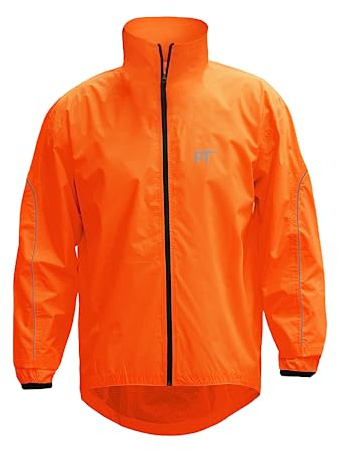 FT Fashion Track Rain Coat – Waterproof Jacket Mens, Cycling Jacket Mens, Hi-Vis Lightweight Windproof & Reflective with Back Pocket (Orange, M)