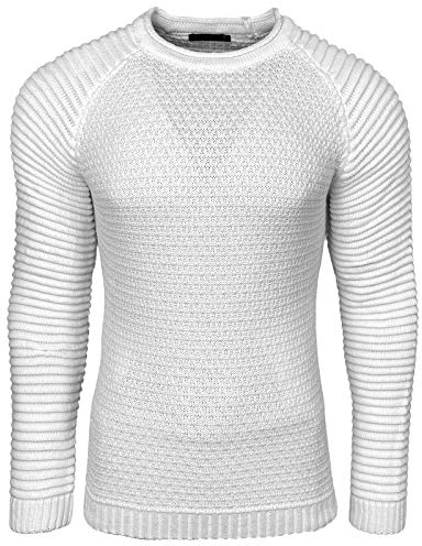 Subliminal Mode Pull Homme en Maille Col Rond - Style Basique - Pull Grosse Maille Nervuré - Pull Over Tricoté Hiver Manches Longues - Idée Cadeau BX8056 - Blanc M