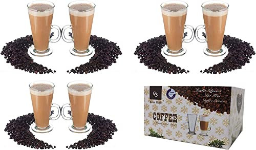 Ever Rich ® 300ML Latte Glass Tea Coffee Cup Mug (Compatible with TASSIMO & Dolce Gusto) (6 Pack 300ML+Spoons)