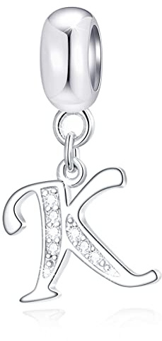 Lettera K Charms Iniziale K Alfabeto Ciondolo Perline, 925 Argento Sterling Lettere Ciondolo con CZ Chiaro, Fit Pandora Donne Braccialetto/Collana, Regali per Buon Compleanno/Migliore Amico