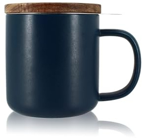 OGO LIVING - Teetasse Juliet, Blau, 300 ml, ideal für Tee und Kräutertee – Teetasse aus Steinzeug und Deckel aus Akazienholz
