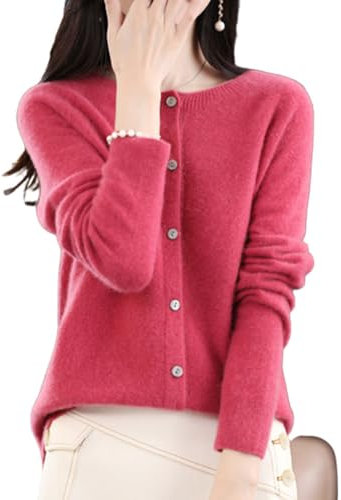 TeysHa Kaschmir-Cardigan für Damen, Wollpullover mit Rundhalsausschnitt, Knopfleiste und Langen Ärmeln (Raspberry red,Medium)