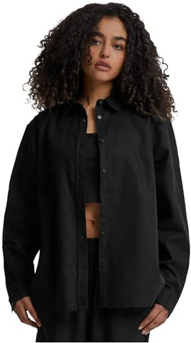 Urban Classics Ladies Linen Mixed Oversized Shirt, Camisa Mujer, Black,