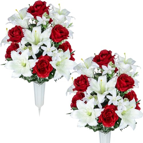 XONOR Artificial Cemetery Flower for Graves, Set of 2 Cemetery Memorial Flowers with Vase for Gravesite Outdoor Headstone Tombstone Decorations, White Lily Red Rose Flowers Bouquets