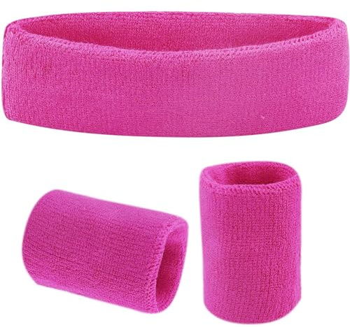 BRITECO 3 Pcs Pink Sweatbands Set - Sports Headband and Wristbands, Comfortable Cotton Blend, Moisture-Wicking, Ideal for Gym, Running, and Athletic Activities