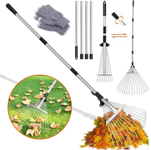 Rastrillo de jardín con barra de metal ajustable de 2,15 m y guantes, escoba de hojas, escoba de metal, abanico de hojas, rastrillo para limpiar plantas, césped y patio