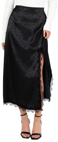 Lovedrobe Women's Midaxi Skirt Ladies Satin Lace Trim Split Hemline Polka Dot Spot Print A-Line Occasion Evening Party Cocktail Falda, Negro, 48 Mujeres