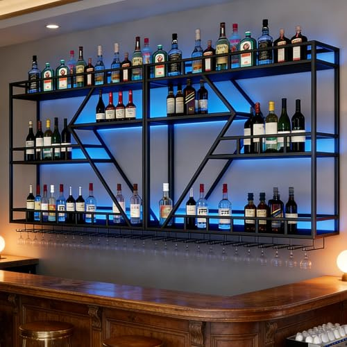 RAJYQODIS Wall Mounted Wine Rack, Large Metal Wine Bottle Holder, Modern Fashion Diamond Shaped Floating Bar Unit Wine Storage Shelves, for Home Restaurant Bars Decor (black, 3 Tier-160cm)