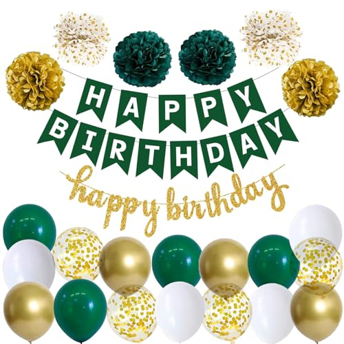 Happy Birthday Verde Scuro Bianco Compleanno Decorazione Set Compleanno Ghirlanda Palloncini Verde Bianco Palloncini 6 Pompoms Decorazione Compleanno Fraun