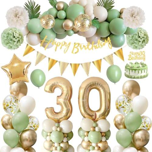 30-års Födelsedagsdekoration för Kvinnor & Män, 63-delar Salvia Grön Festdekoration Set - 32 tum 30 Folieballong, Stjärnfolieballong, Gröna Guldvita Ballonger, Banderoll, Tårttopp | 80 cm 30. Födelsedagsballong, stjärna folieballong, grön guld vit ballonger, banderoller, tårta toppers
