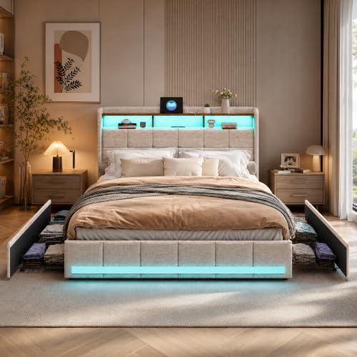 Säng 160x200 med LED- och USB-ribbotten, förvaringssäng 160x200 med sänggavel och 4 lådor, vadderade dubbelsängar med ribbotten, säng för 2 personer för vuxna, sängram, utan madrass, beige