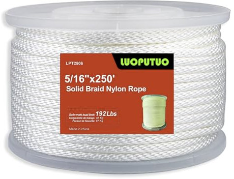 5/16 Inch x 250 ft White Nylon Solid Braid Rope – Abrasion & UV Resistant, Low Stretch – Multipurpose Outdoor Rope for Flag Pole Halyard, Clothesline, Camping, Crafts