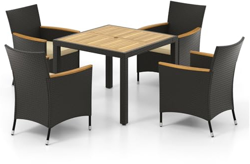 LIFEZEAL Set da Pranzo da Esterno, Giardino, Patio, Rattan PE, 1 Tavolo da Pranzo con Foro per Ombrellone e 4 Sedie, Divanetti con Braccioli, Cuscini Imbottiti e Rimovibili, Schienale, Set di Mobili