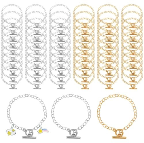 60 Pcs Metal Geometric Chains For Diy Bracelets, Silver & Gold With Ot Fastening