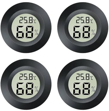 LYCXAMES Higrómetro mini, termómetro 2 en 1, higrómetro, 4 unidades mini LCD digital termómetro interior, medidor de humedad exterior, medidor de temperatura para invernadero, sótano, redondo, negro