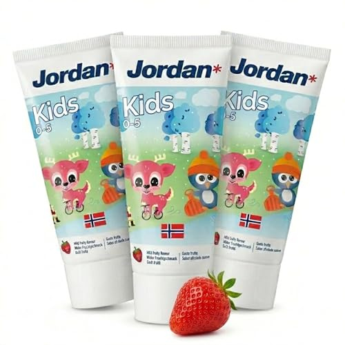 Jordan ® | Pasta de Dientes para Niños | 0-5 Años | Sabor Frutal Suave | 50ml x 3 | 1000 ppm Flúor | Sin SLS | Para Dientes de Leche y Encías Sensibles