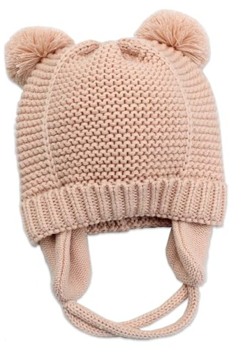 Exemaba Baby Warm Hat Earflap with Fleece Lining and Chin Strap Cute Toddler Winter Pompom Beanie Cap for Girls(Pink, S/0-6m)